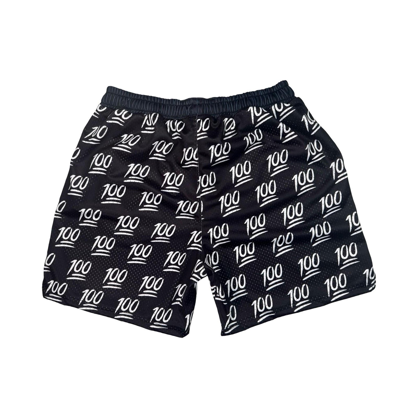 back view of Black shorts with '100' pattern on a white background