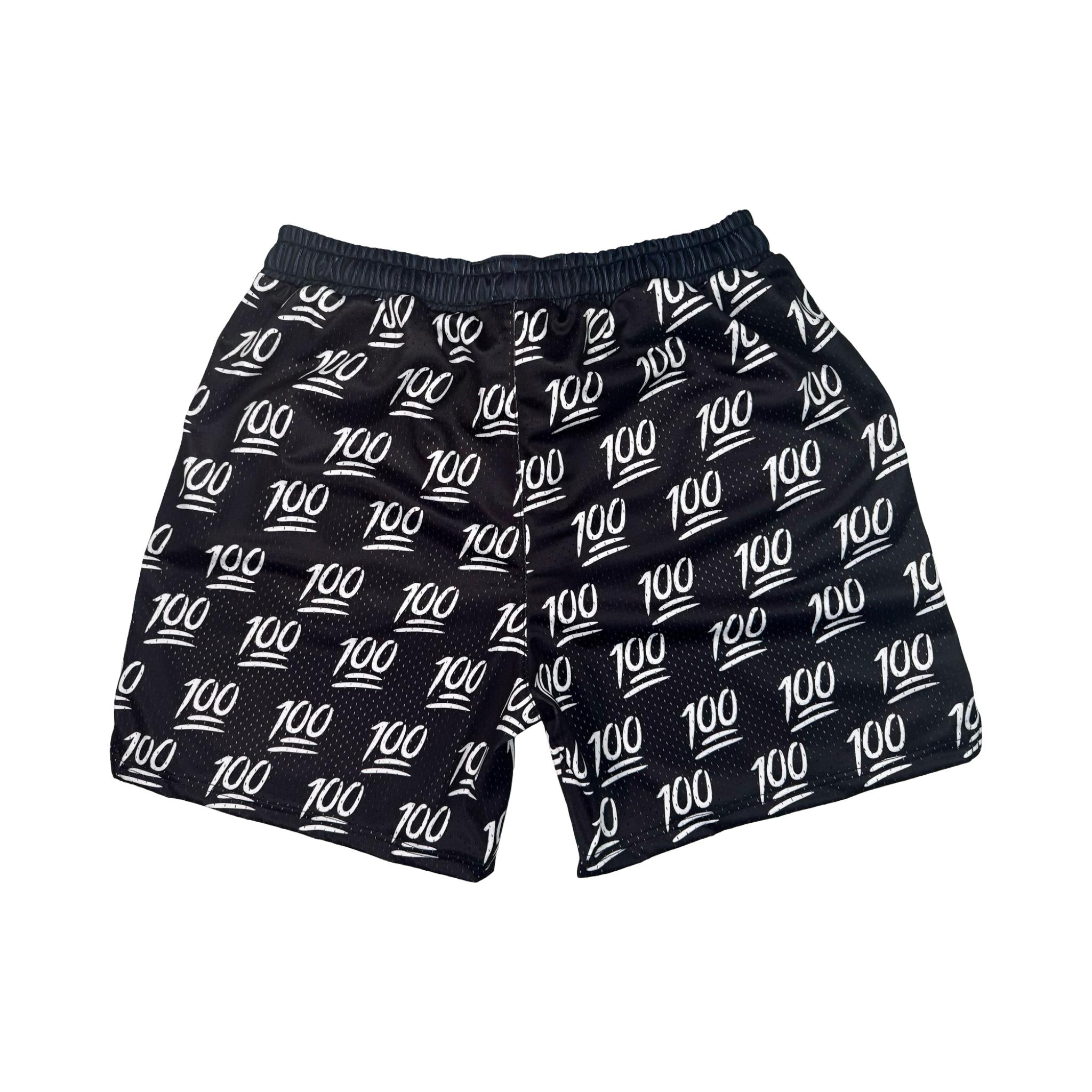 back view of Black shorts with '100' pattern on a white background