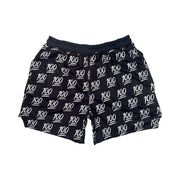 Black shorts with white '100' pattern on a white background