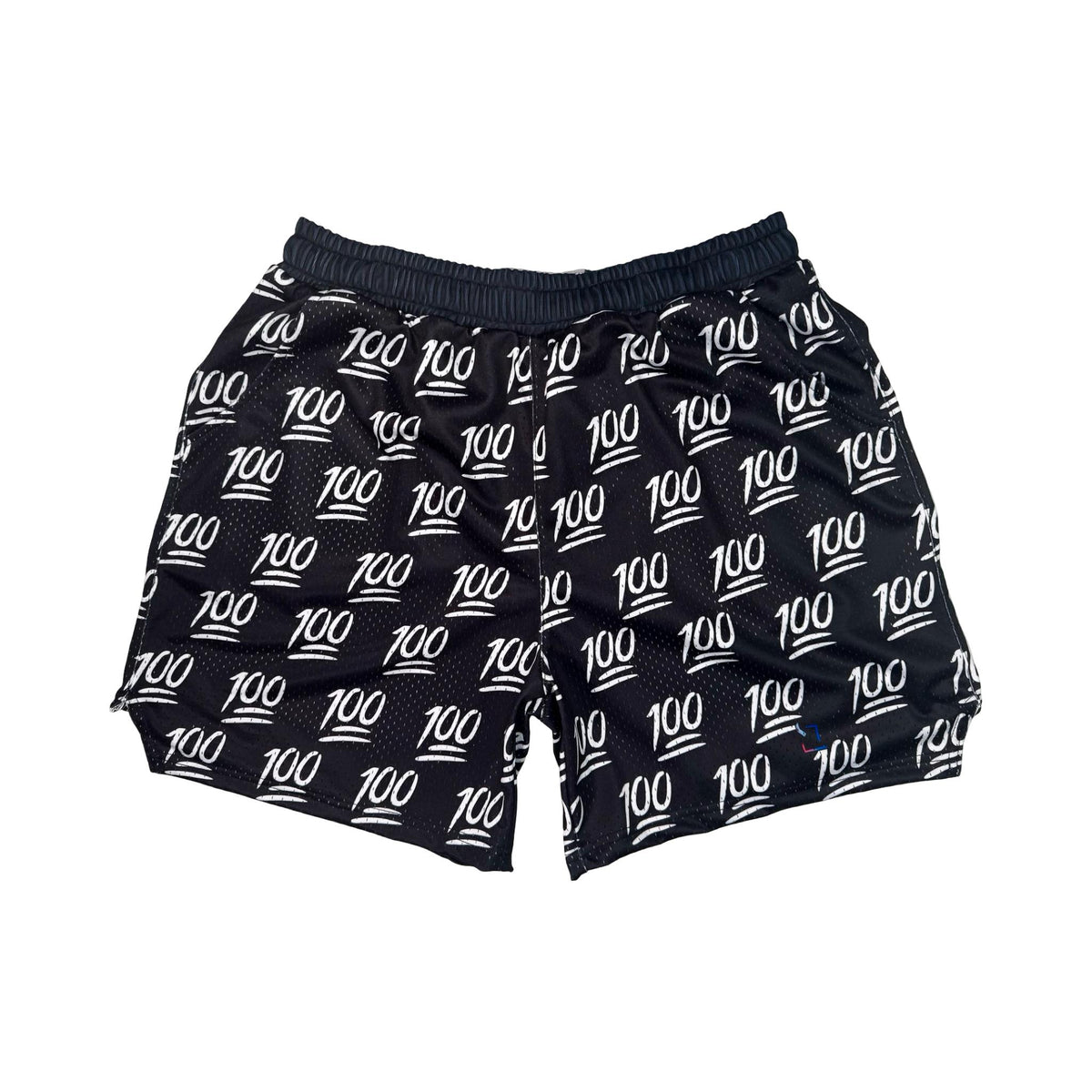 Black shorts with white '100' pattern on a white background