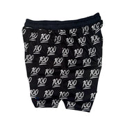 Side view of black shorts with '100' pattern on a white background