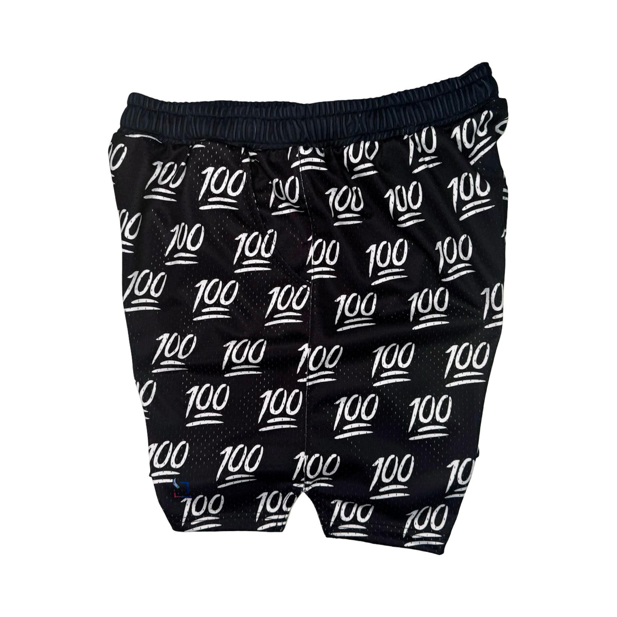 Side view of black shorts with '100' pattern on a white background