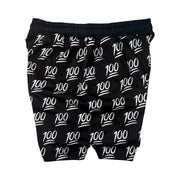 Side view of Black shorts with '100' pattern on a white background