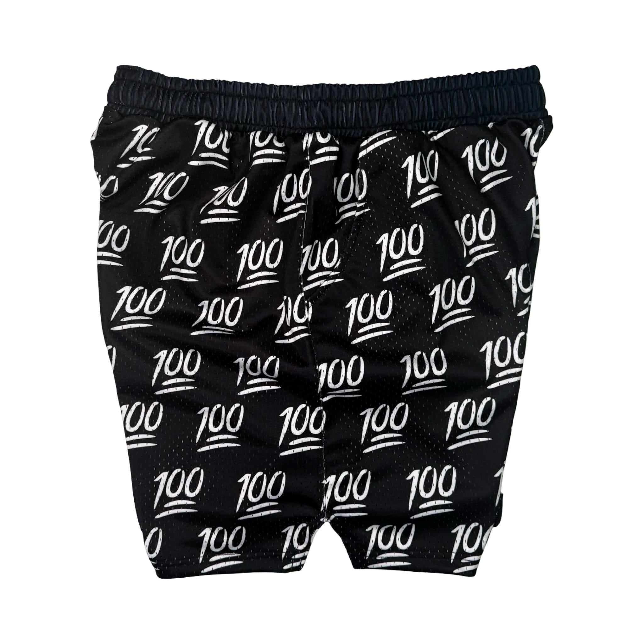 Side view of Black shorts with '100' pattern on a white background