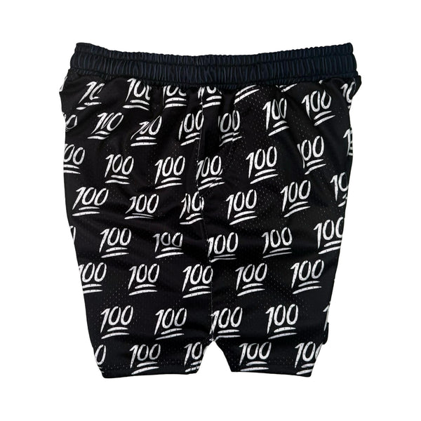 Side view of Black shorts with '100' pattern on a white background