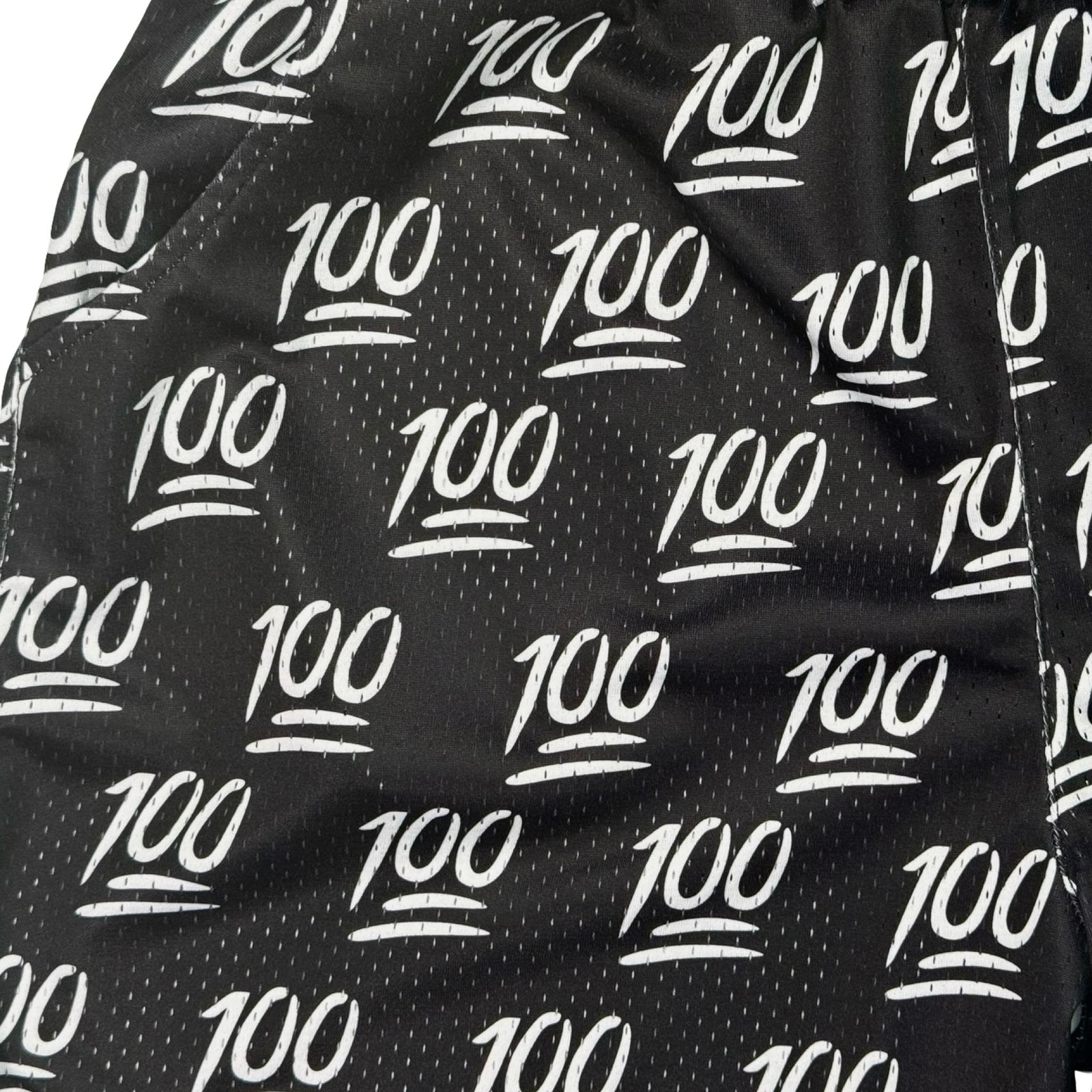 Black fabric with white '100' pattern