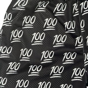 Black fabric with white '100' pattern