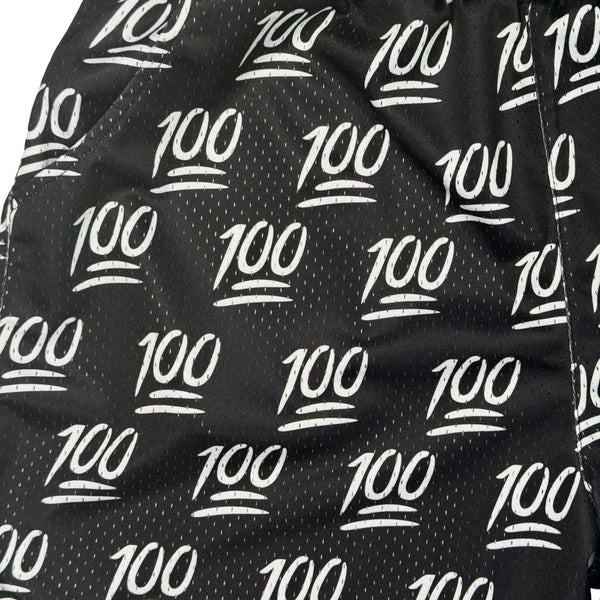 Black fabric with white '100' pattern