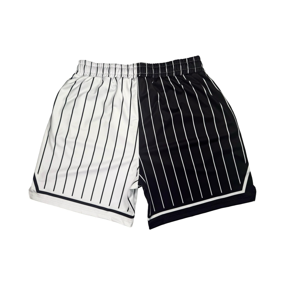 Black and white pinstripe shorts on a white background
