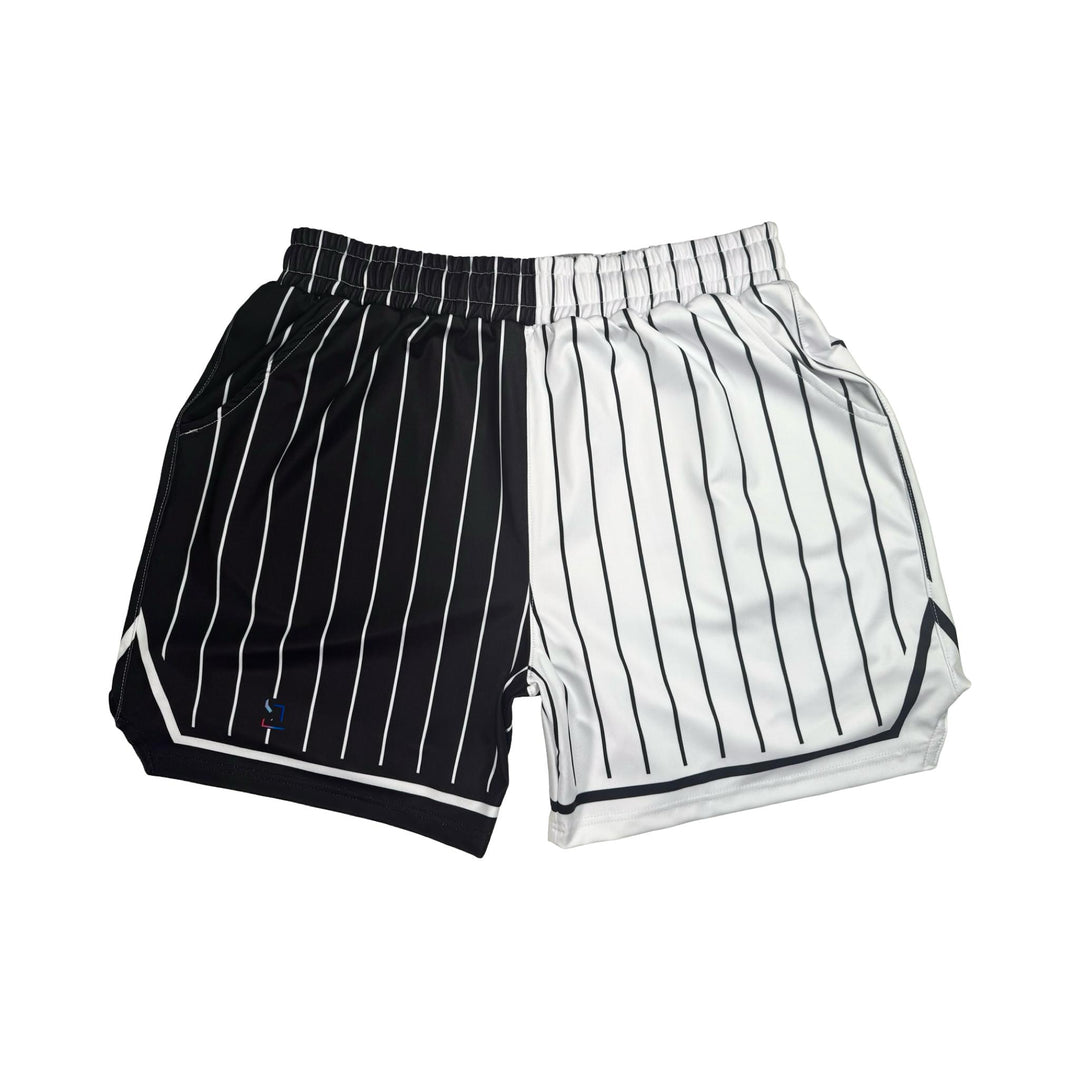 Black and white pinstripe shorts on a white background