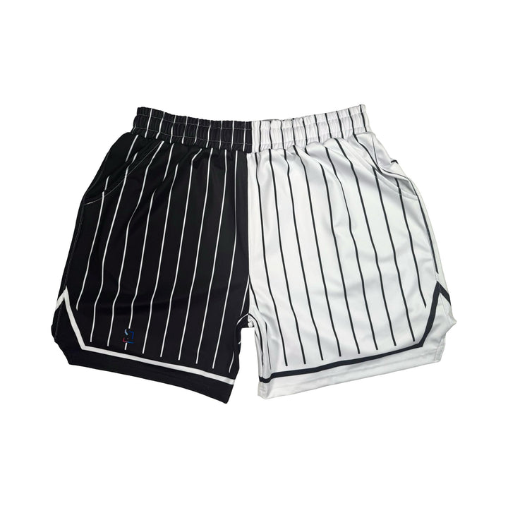 Black and white pinstripe shorts on a white background