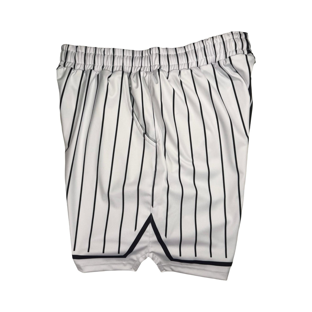 Black and white pinstripe shorts on a white background