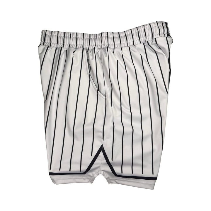 Black and white pinstripe shorts on a white background