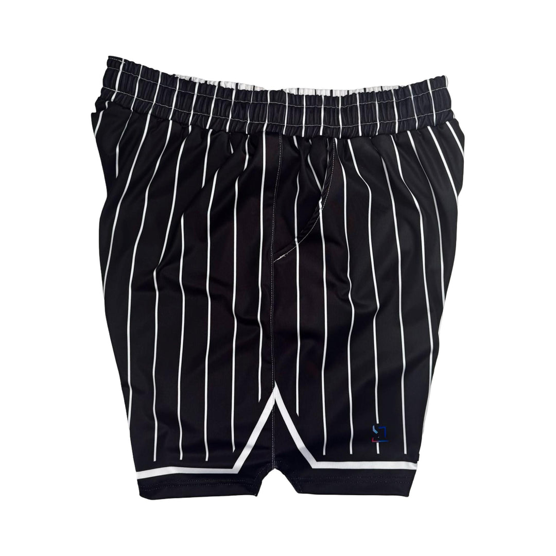Black and white pinstripe shorts on a white background