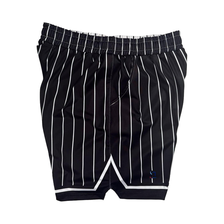 Black and white pinstripe shorts on a white background