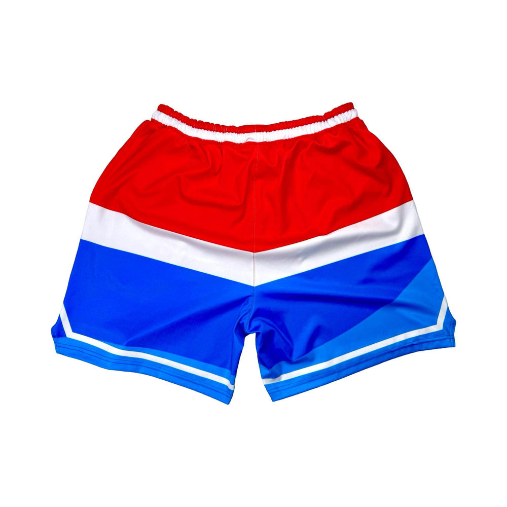 Red white and blue soft dry fit basketball shorts with bubble gum wrapper theme and logo on white background