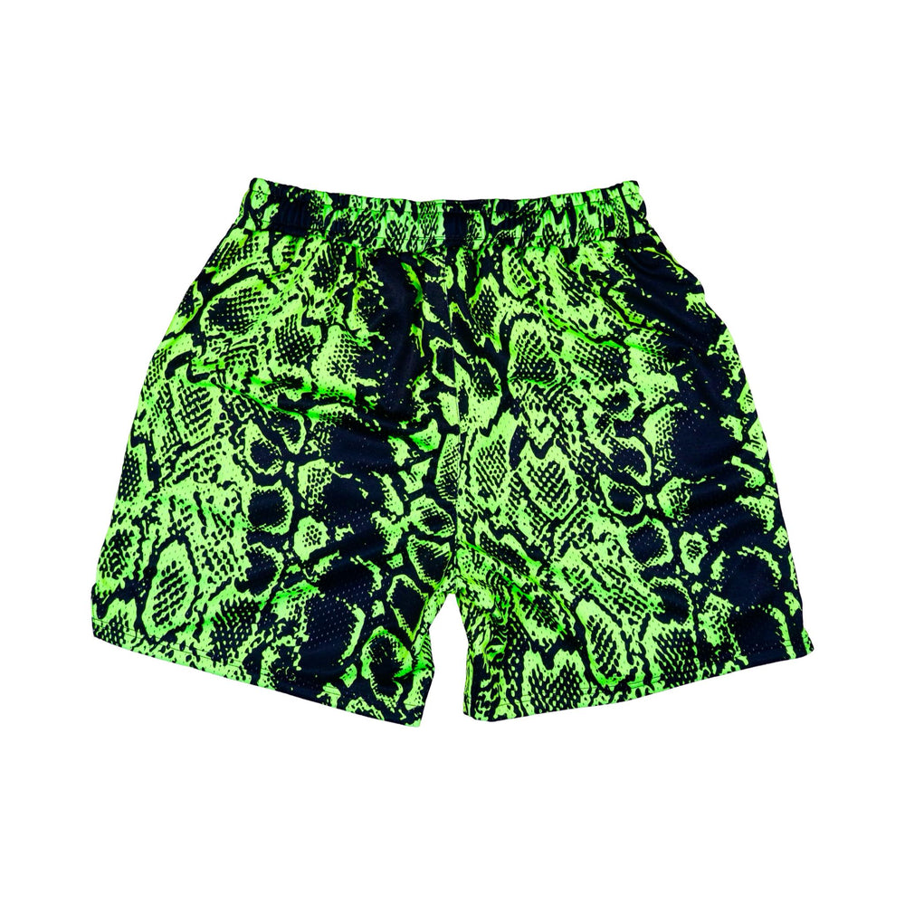 Neon green and black mesh snake print shorts