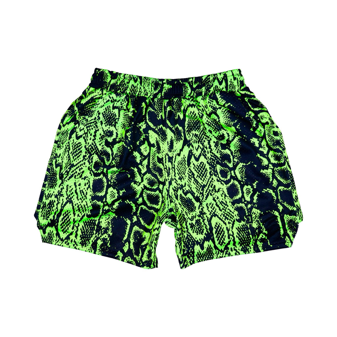 Neon green and black mesh snake print shorts