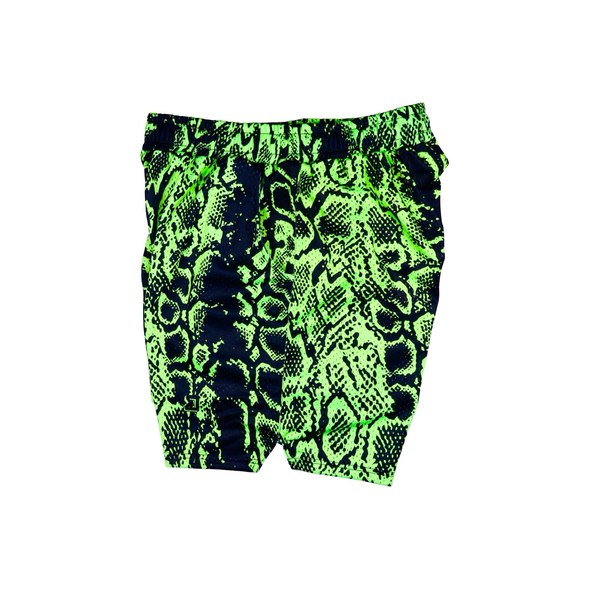 Neon green and black mesh snake print shorts