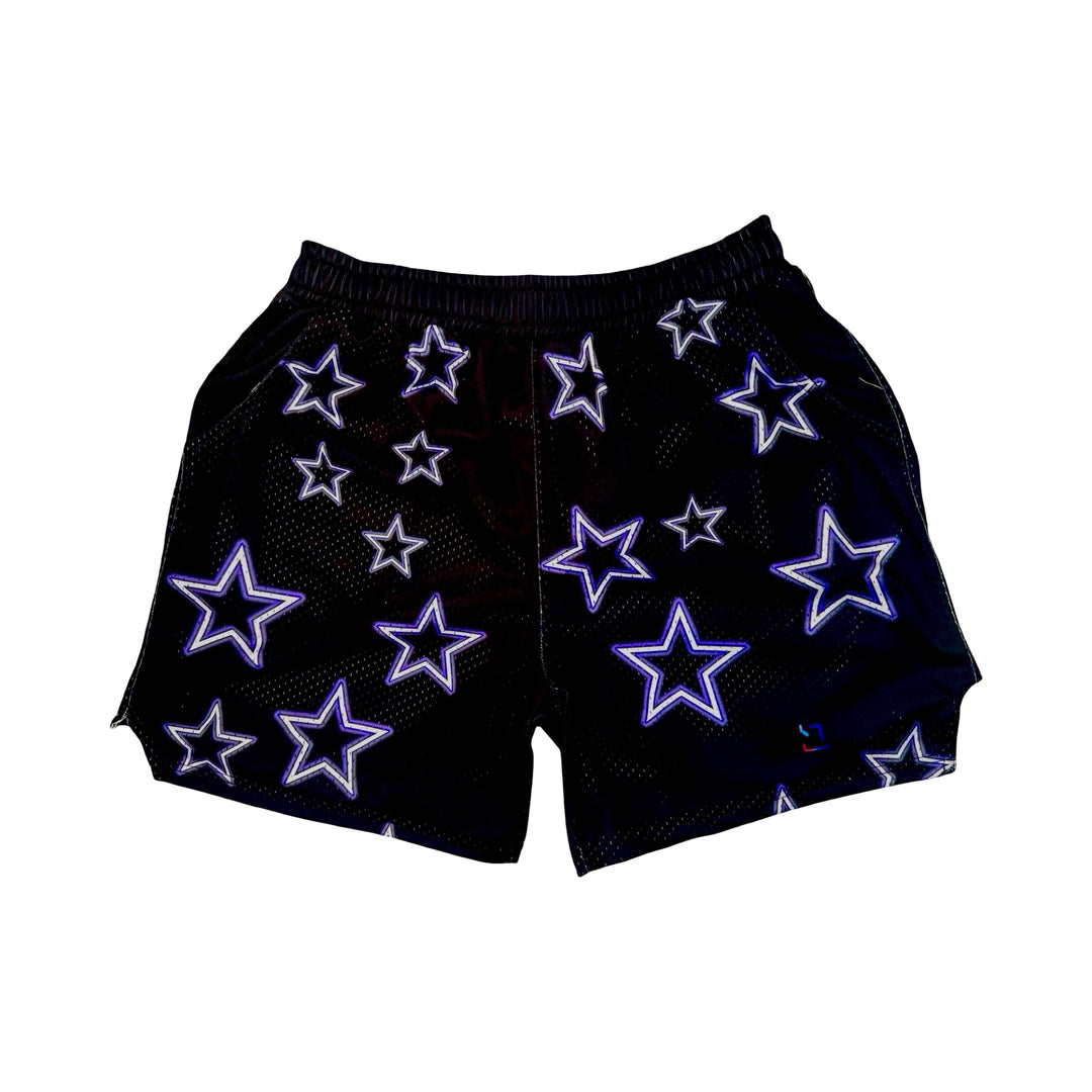 Black mesh shorts with purple stars pattern on a white background