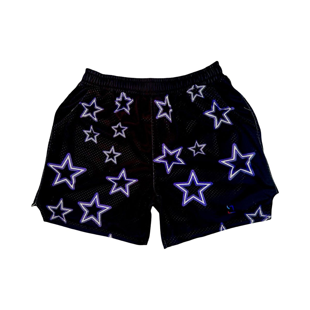 Black mesh shorts with purple stars pattern on a white background