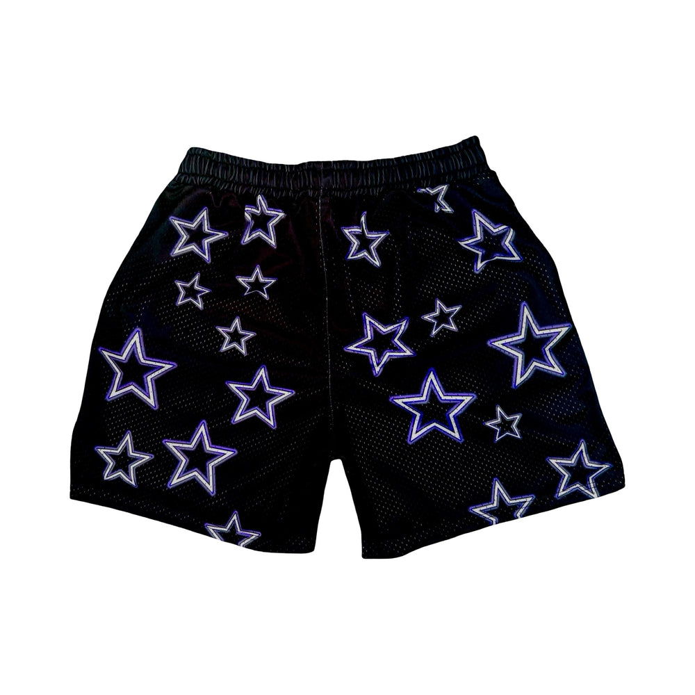 Black mesh shorts with purple stars pattern on a white background