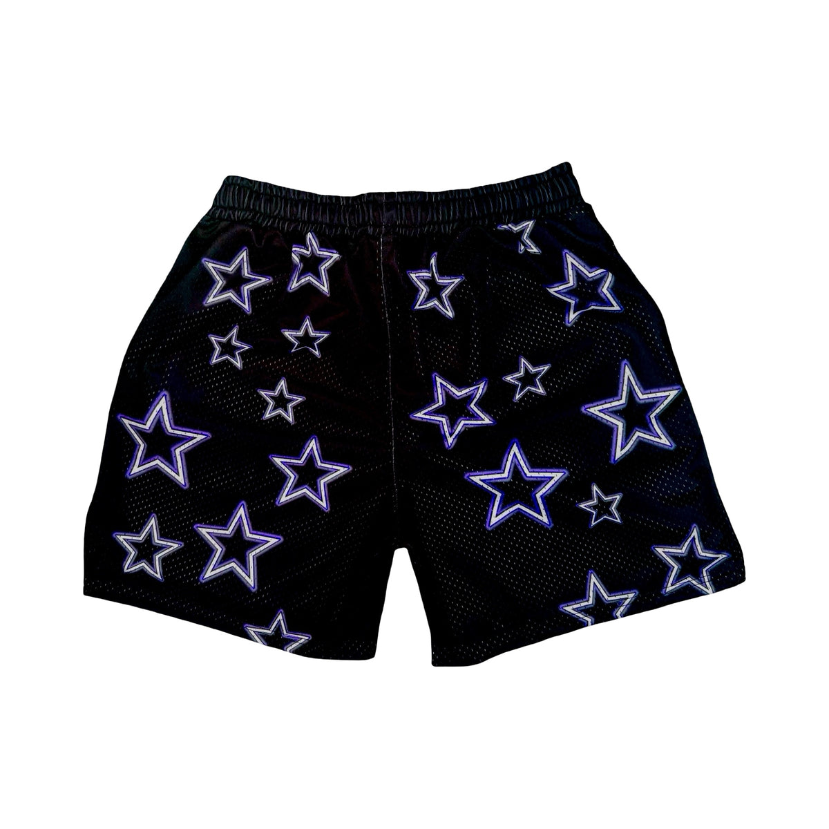 Black mesh shorts with purple stars pattern on a white background