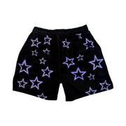 Black mesh shorts with purple stars pattern on a white background