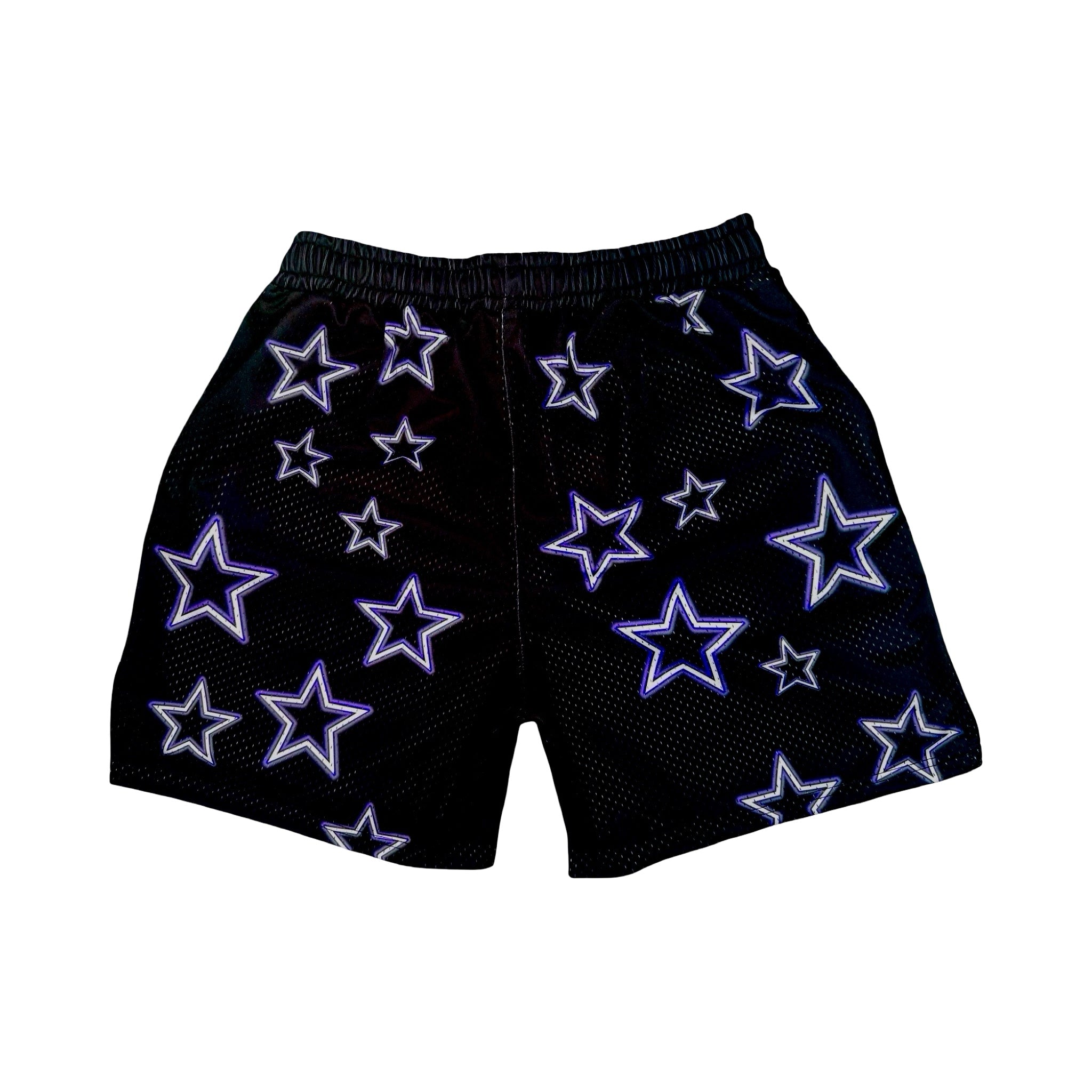 Black mesh shorts with purple stars pattern on a white background
