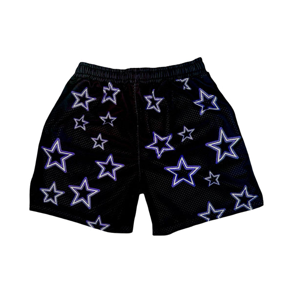 Black mesh shorts with purple stars pattern on a white background