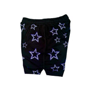 Black mesh shorts with purple stars pattern on a white background