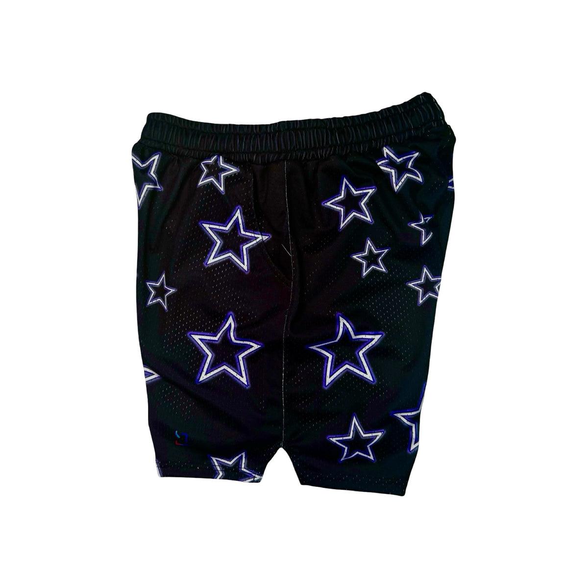 Black mesh shorts with purple stars pattern on a white background