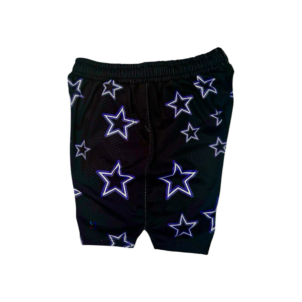 Black mesh shorts with purple stars pattern on a white background