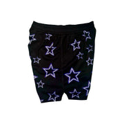 Black mesh shorts with purple stars pattern on a white background