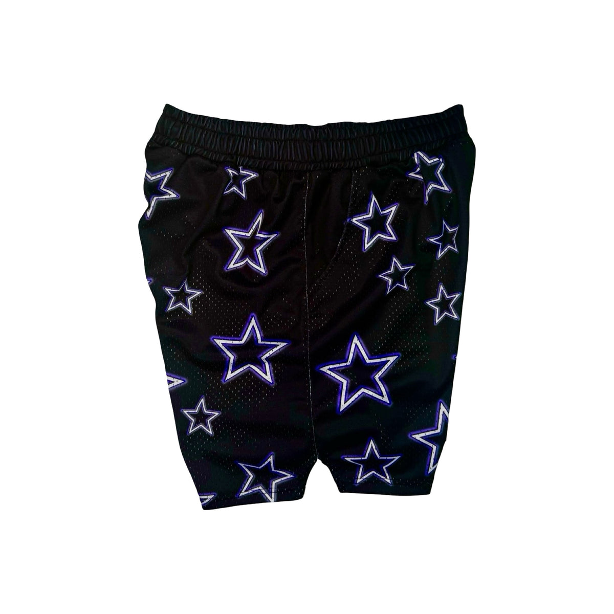 Black mesh shorts with purple stars pattern on a white background