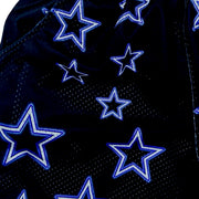 Black mesh shorts with purple stars pattern on a white background