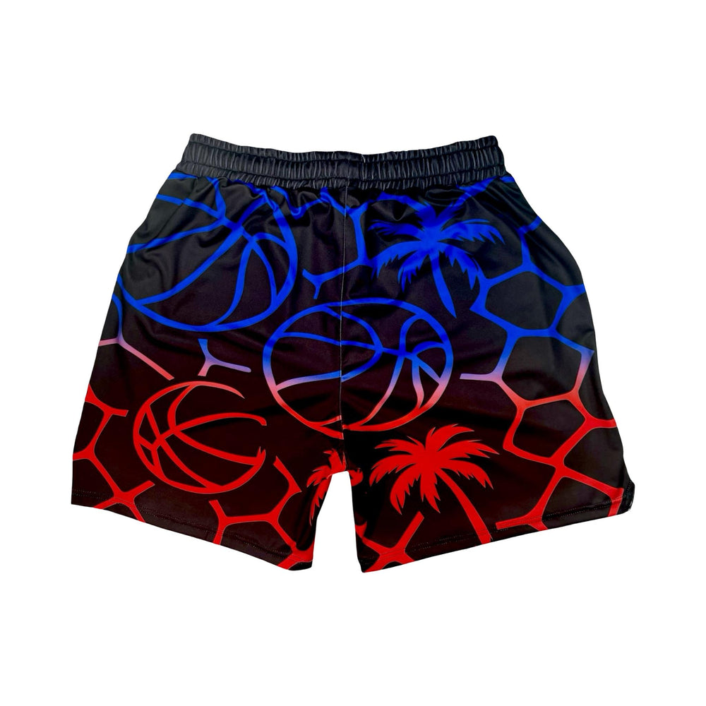 Black shorts with red and blue basketball and palm tree pattern on a white background