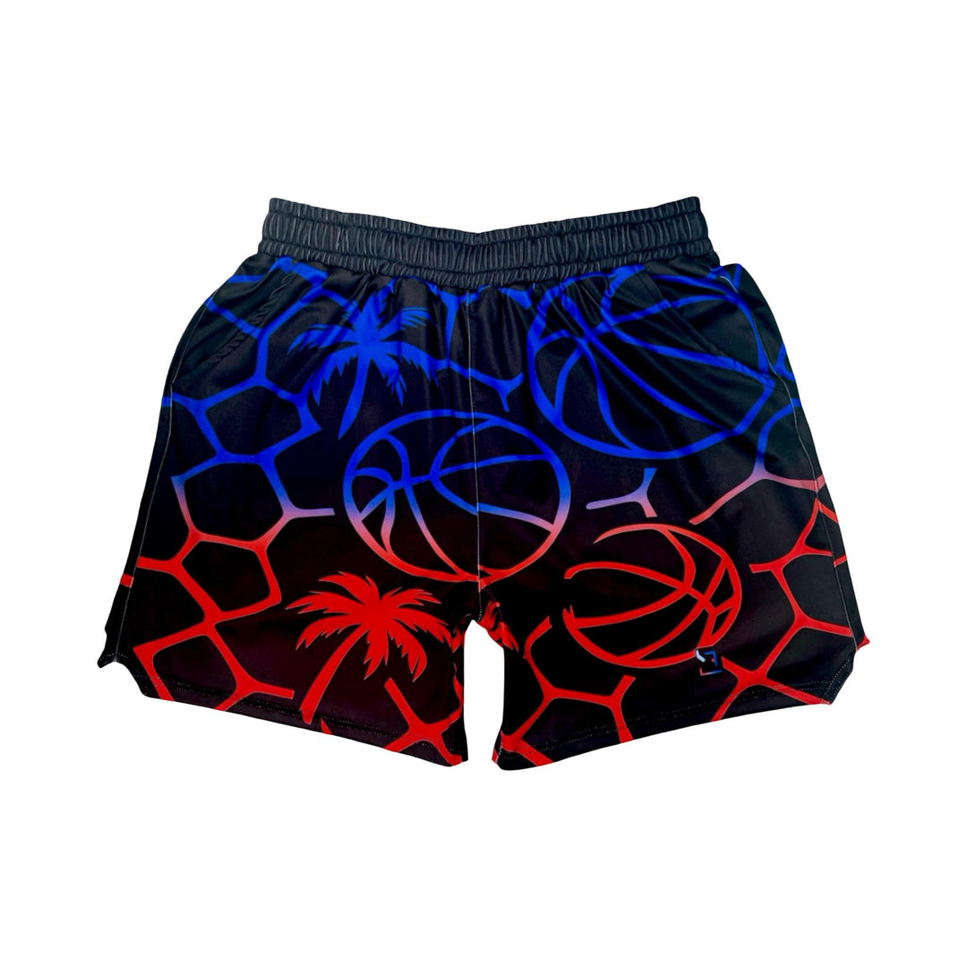 Black shorts with colorful basketball design on a white background