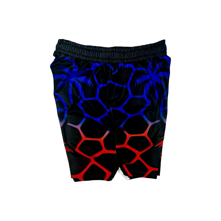 Black shorts with blue and red geometric pattern on a white background