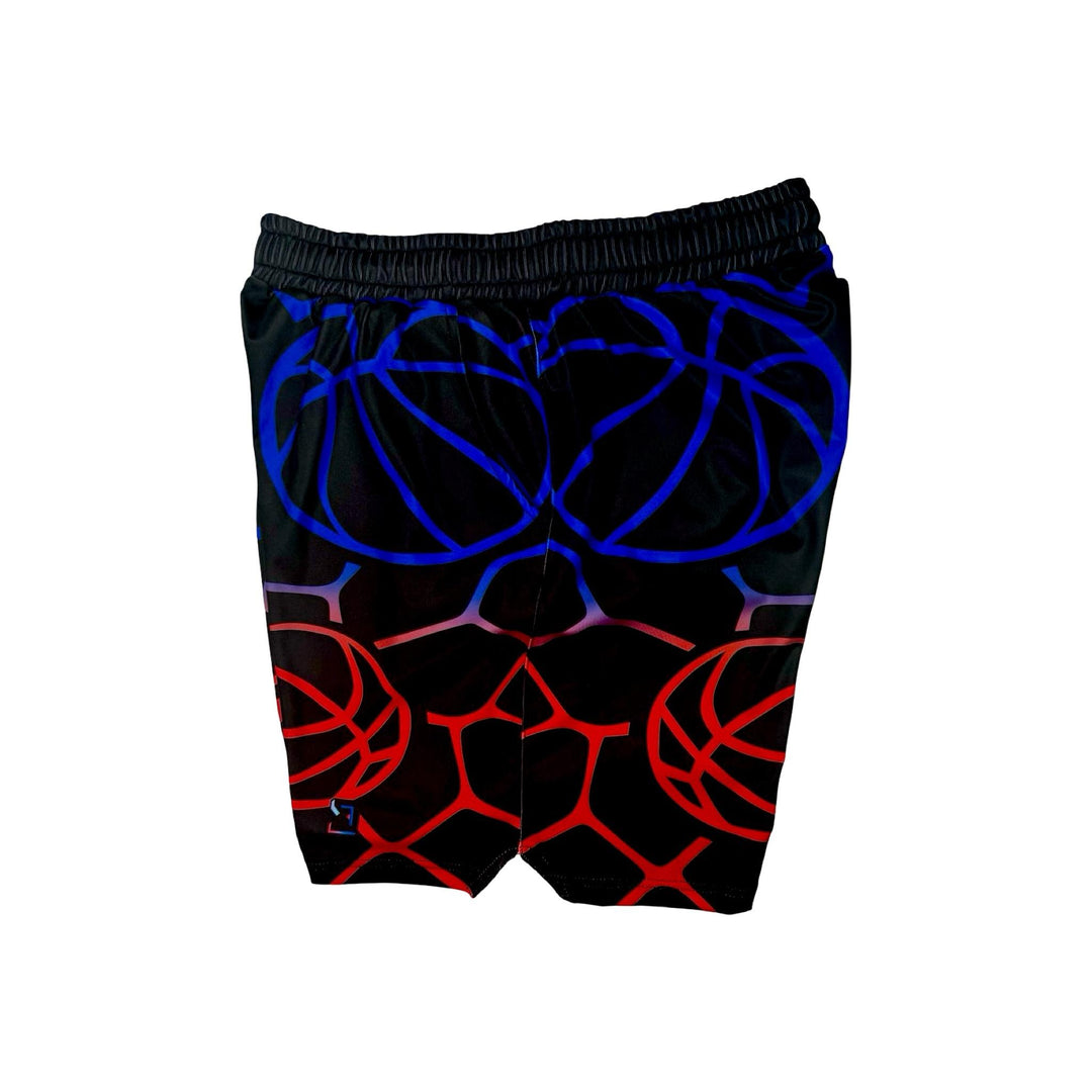 Black shorts with blue and red geometric pattern on a white background