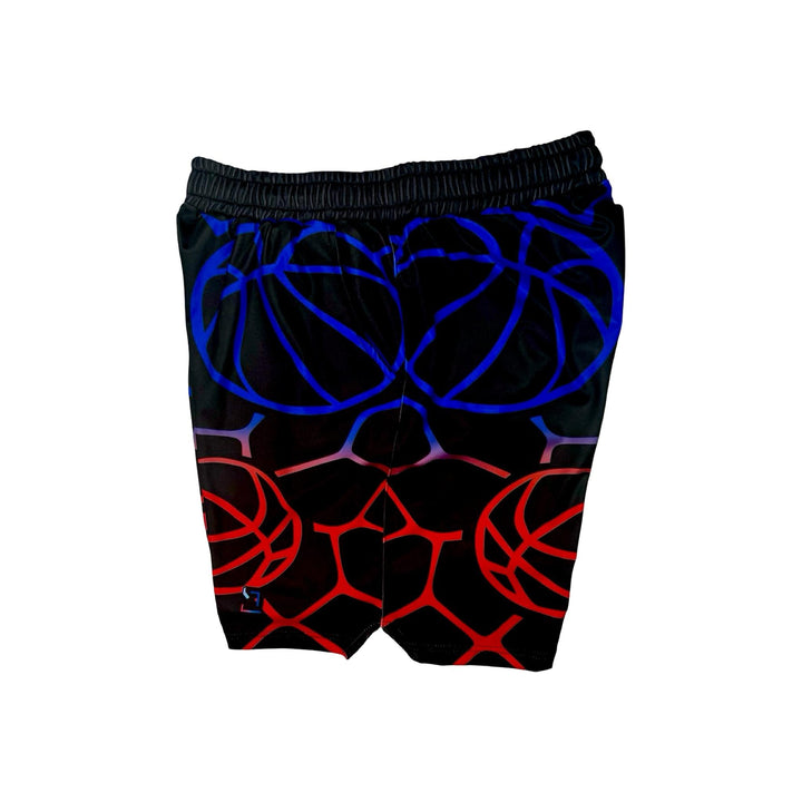 Black shorts with blue and red geometric pattern on a white background