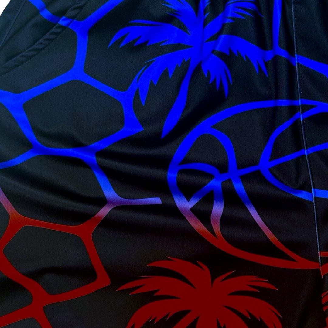 Black fabric with blue and red palm tree and geometric pattern