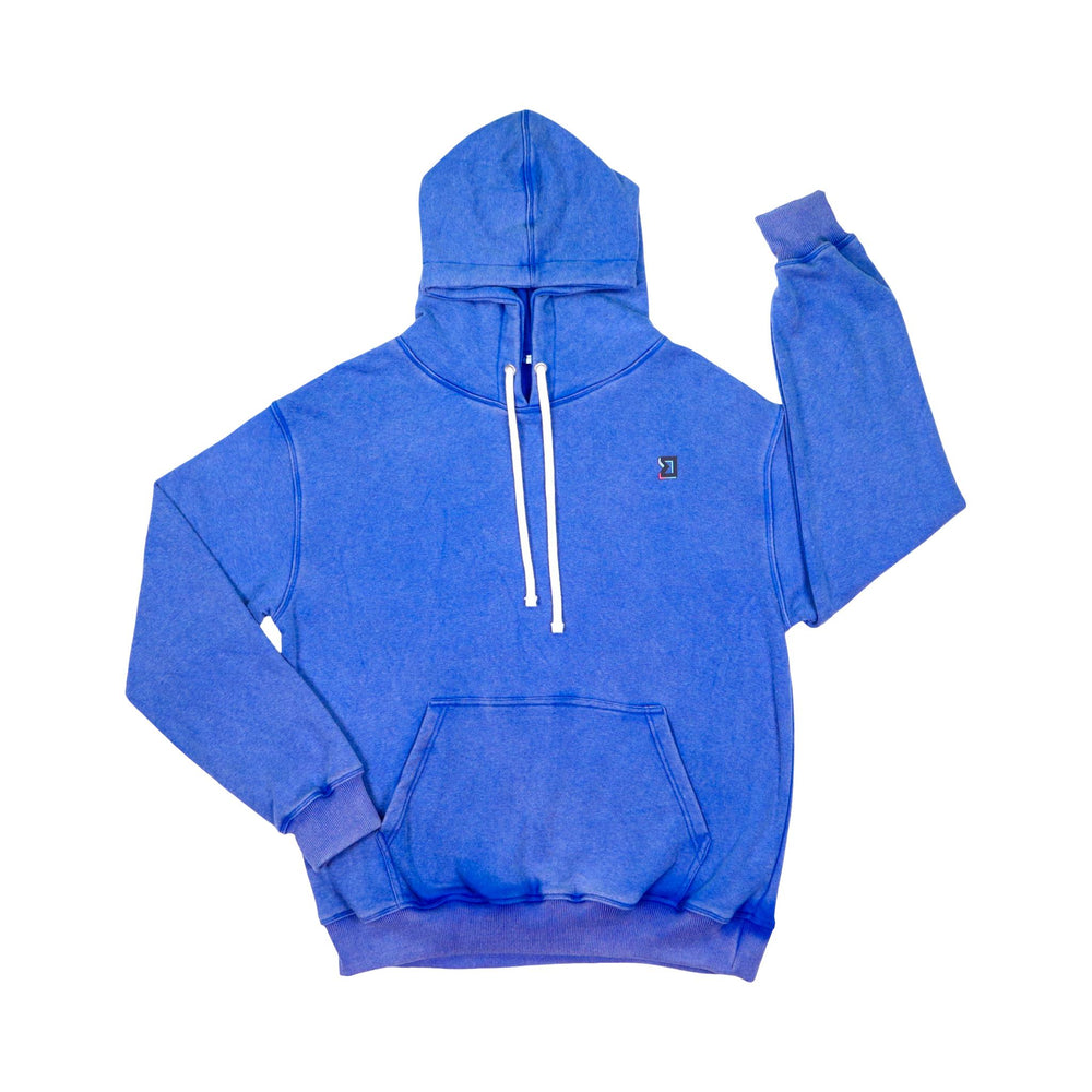 Blue acid wash loopback hoodie with white drawstrings on a white background
