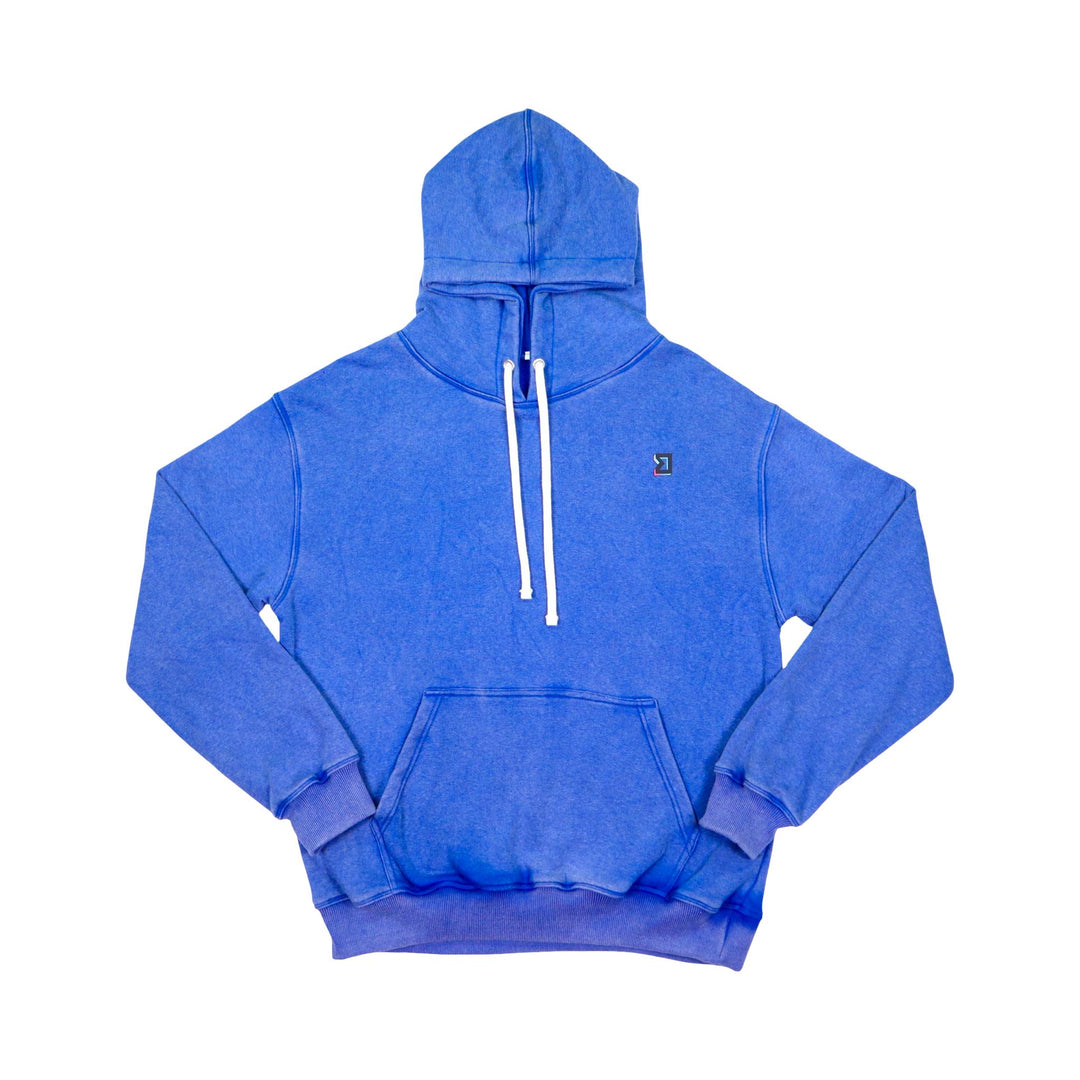 Blue acid wash loopback hoodie with a white drawstring on a white background