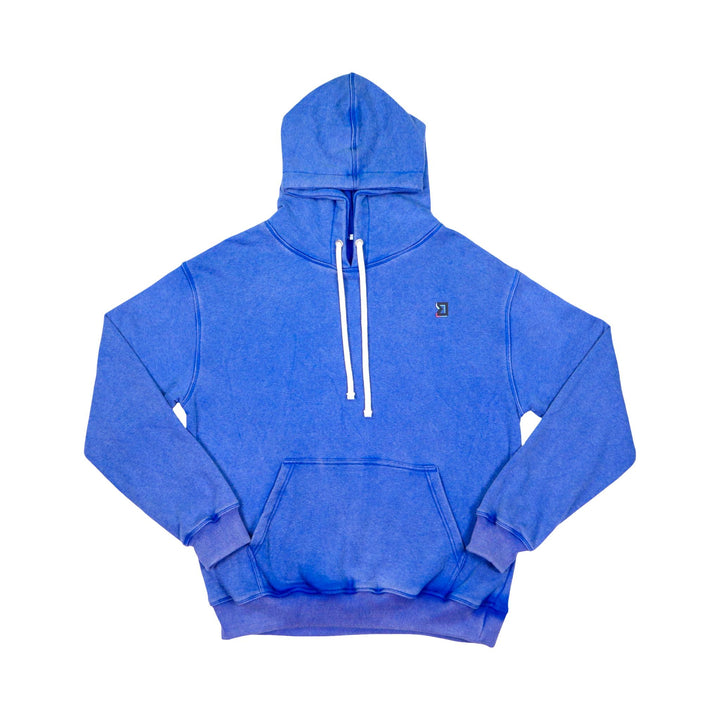Blue acid wash loopback hoodie with a white drawstring on a white background