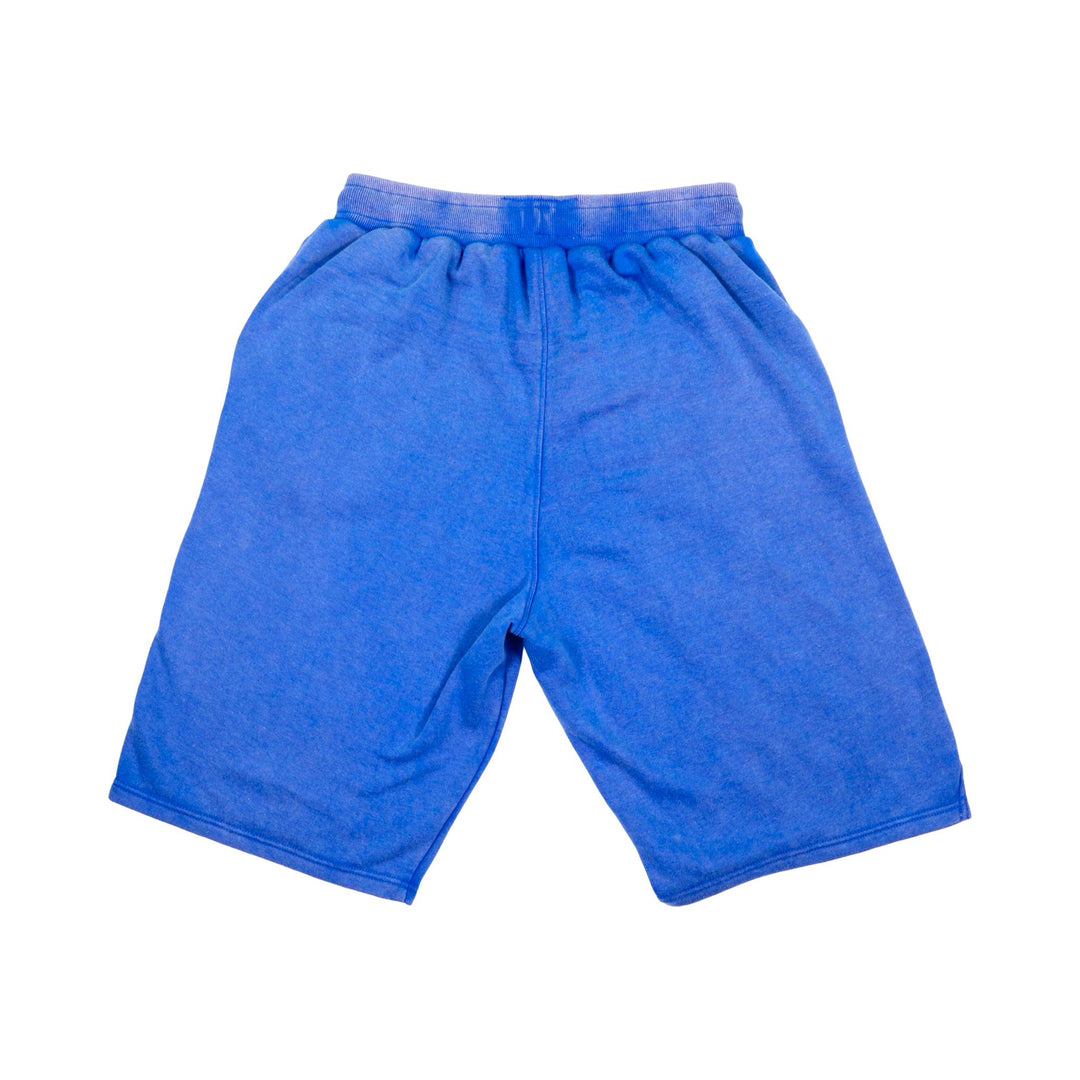 Blue acid wash loopback jogger shorts on a white background