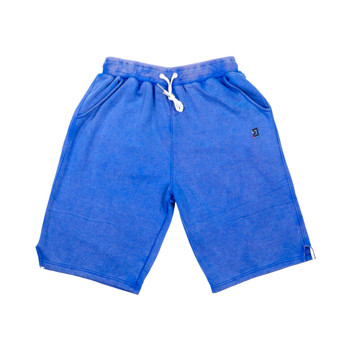 Blue acid wash loopback shorts with a drawstring on a white background