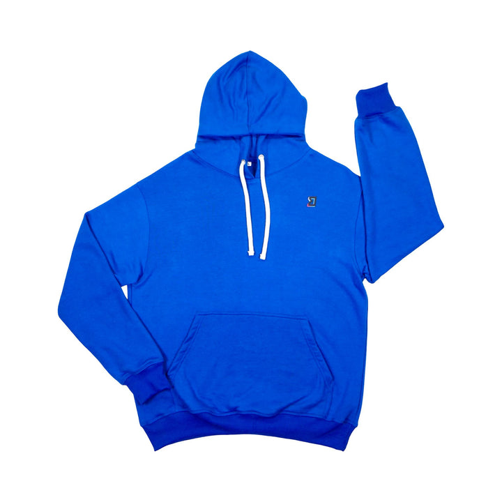 Blue loopback hoodie with a white drawstring on a white background