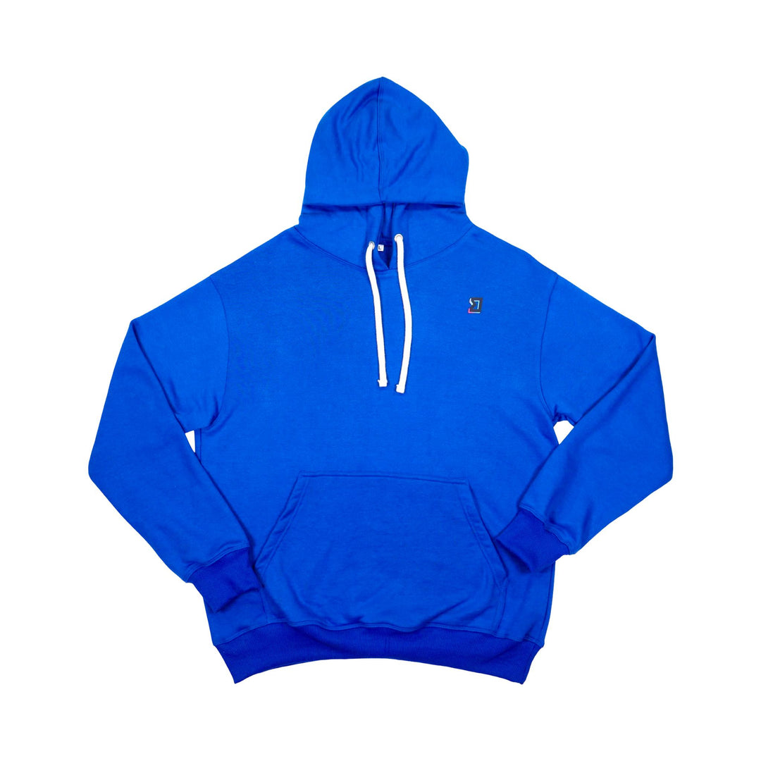 Blue loopback hoodie with white drawstrings on a white background
