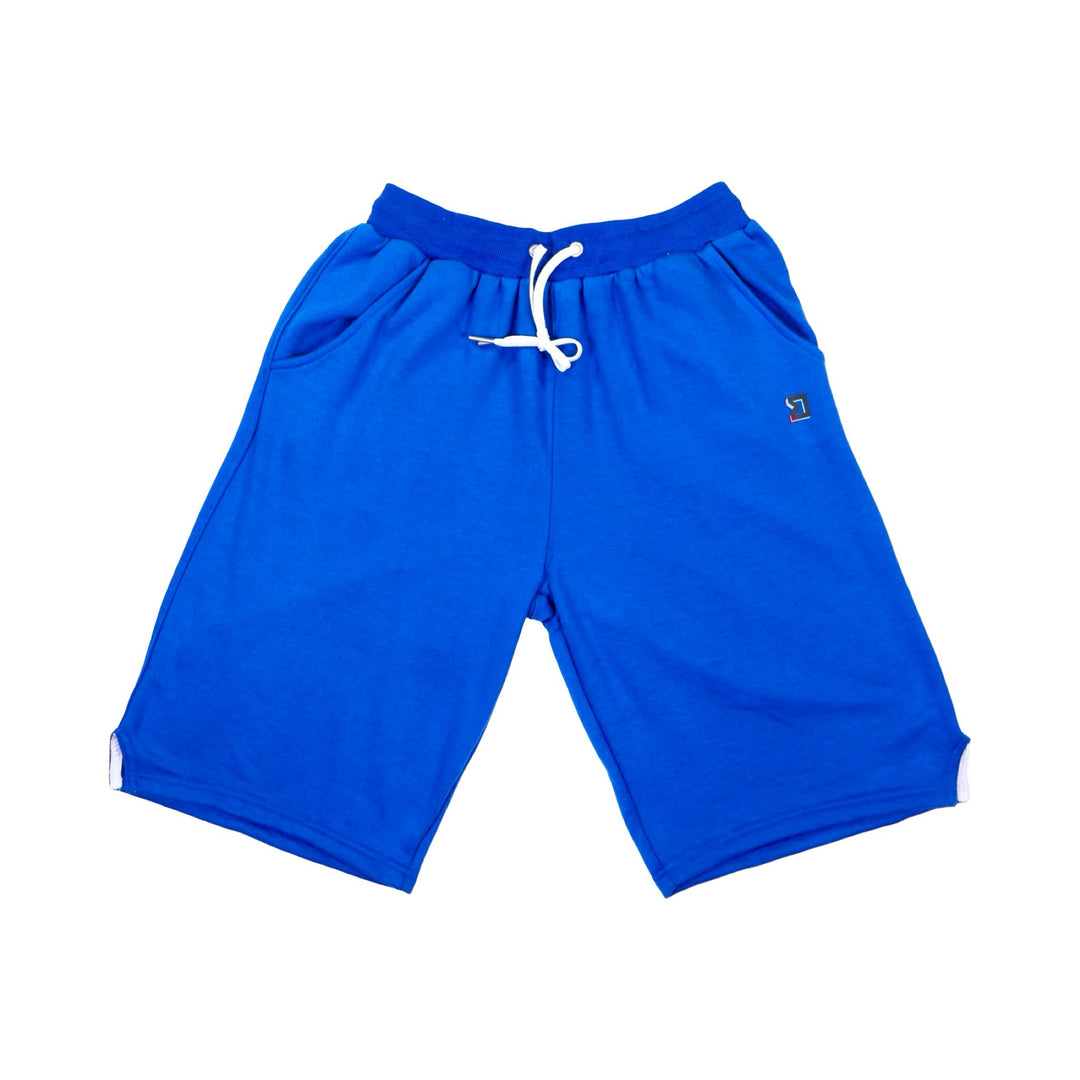 Blue shorts with a drawstring on a white background